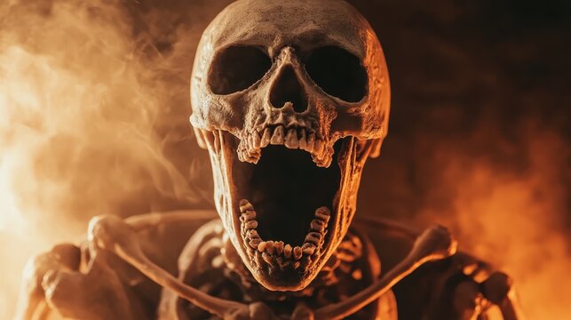 A hauntingly detailed skeleton illuminated by dramatic lighting conveys themes of life, death, and the fragility of existence, engaging viewers in contemplation and reflection.