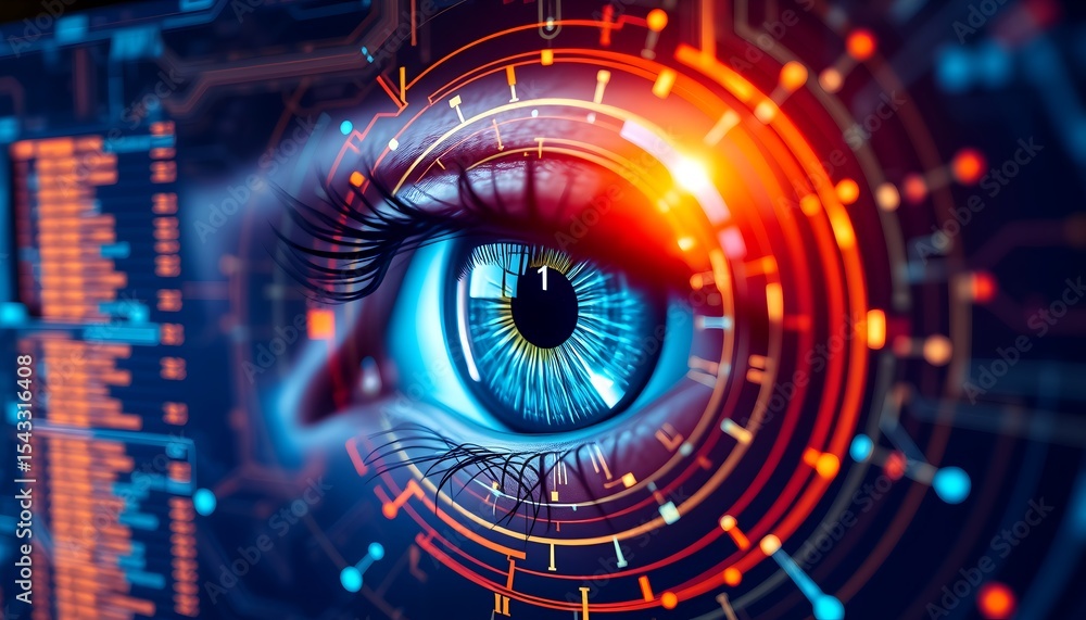 Poster futuristic eye with digital interface overlay glowing blue iris and circuit patterns