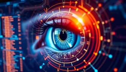 Futuristic eye with digital interface overlay glowing blue iris and circuit patterns
