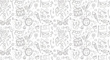 Festive Celebration Doodle Pattern Background featuring crowns, drums, party hats, fireworks, and sunglasses perfect for invitations cards banners and websites