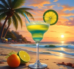 Illustration of furit juice with sandy beach and summer landscape.