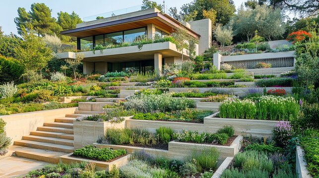 smart irrigation system watering a tiered home garden .