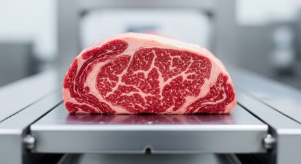 A close up professional studio photo of a single perfectly cut fresh raw prime beef steak