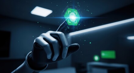 Futuristic hand touching a biometric fingerprint icon for secure digital access and technology.
