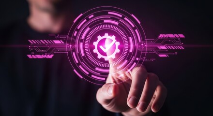 Man hand interacting with a glowing pink futuristic digital quality control interface