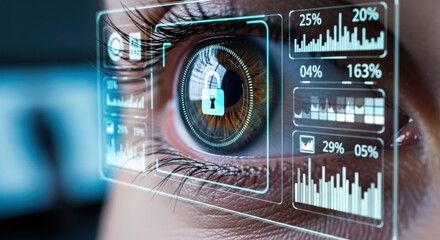 Human eye with futuristic holographic interface for biometric security and data analysis
