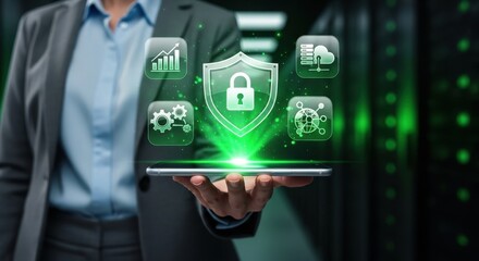 Businesswoman holding smartphone with glowing digital security shield and technology icons