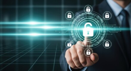 Businessman hand interacting with a glowing digital padlock interface for cybersecurity and data protection