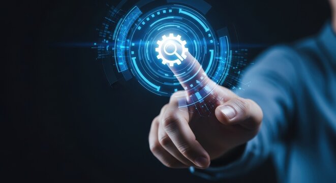 Man hand interacting with a glowing blue digital interface for technology and optimization