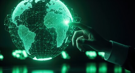 Digital hand touching a glowing green earth globe representing global network and technology.