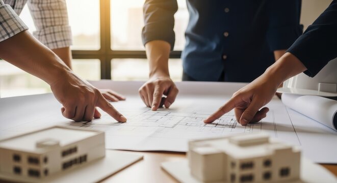 Engineers and architects collaborate, pointing at blueprints and building models for a new project.