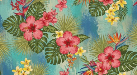 Vibrant Tropical Floral Pattern with Pink Hibiscus and Green Leaves