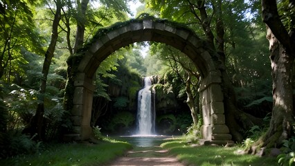 Fototapeta premium Mossy Stone Archway Framing a Waterfall in a Lush Green Forest
