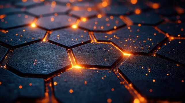 Digital hexagons with vibrant orange glowing edges a futuristic hi tech dark backdrop concept