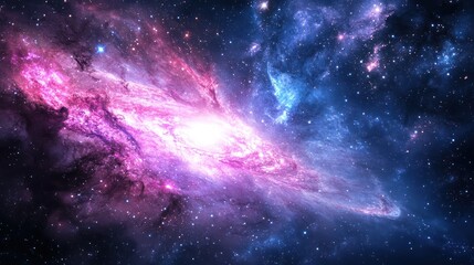 Naklejka premium Cosmic nebula swirls in vibrant hues of pink, purple, and blue, amidst a sea of stars