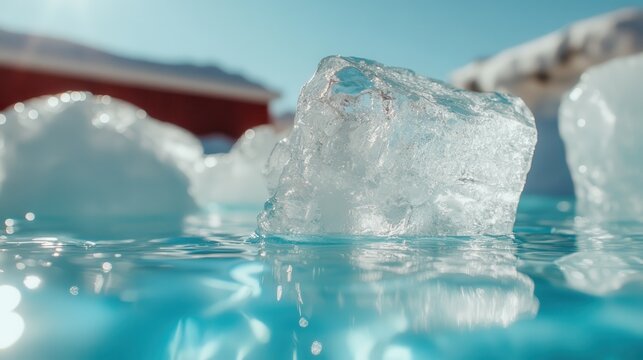 A captivating close-up of an ice cube resting on clear blue water, showcasing its transparency and the interplay between elements in a serene, aquatic environment. - Powered by Adobe