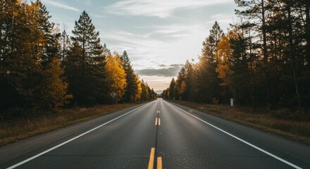 Fototapeta premium Asphalt Road Through Autumn Forest at Sunset
