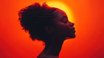 Portrait of Calm Serene African American Woman Profile with Eyes Closed on Sunset Backdrop