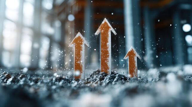 Stylized arrows emerging from a rocky ground surface, representing growth and progress in an abstract artistic portrayal, conveying themes of advancement and upward movement in life.