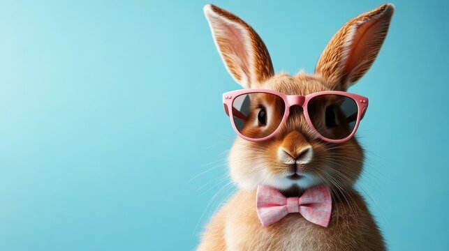 An adorable rabbit dons stylish sunglasses and a bow tie against a bright blue background, presenting a playful and charming character ideal for whimsical art collections.