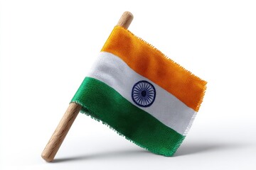 An Indian flag composed of orange white and green stripes with a blue wheel emblem is attached to a wooden pole