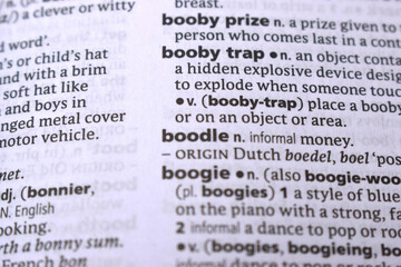 Close Up Of English Dictionary Page With Word - Booby Trap