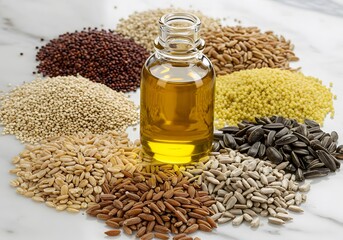 Various whole grains and grain oils in bottles. Balanced nutrition concept for healthy living, vegan cooking, and product marketing