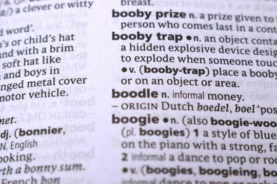 Close Up Of English Dictionary Page With Word - Booby Trap