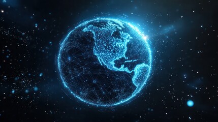 Obraz premium A glowing, digital representation of Earth, with a network of lines connecting its continents, set against a dark space background