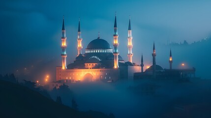 Obraz premium Majestic Mosque at Dusk: Nighttime Architectural Photography of an Islamic House of Worship