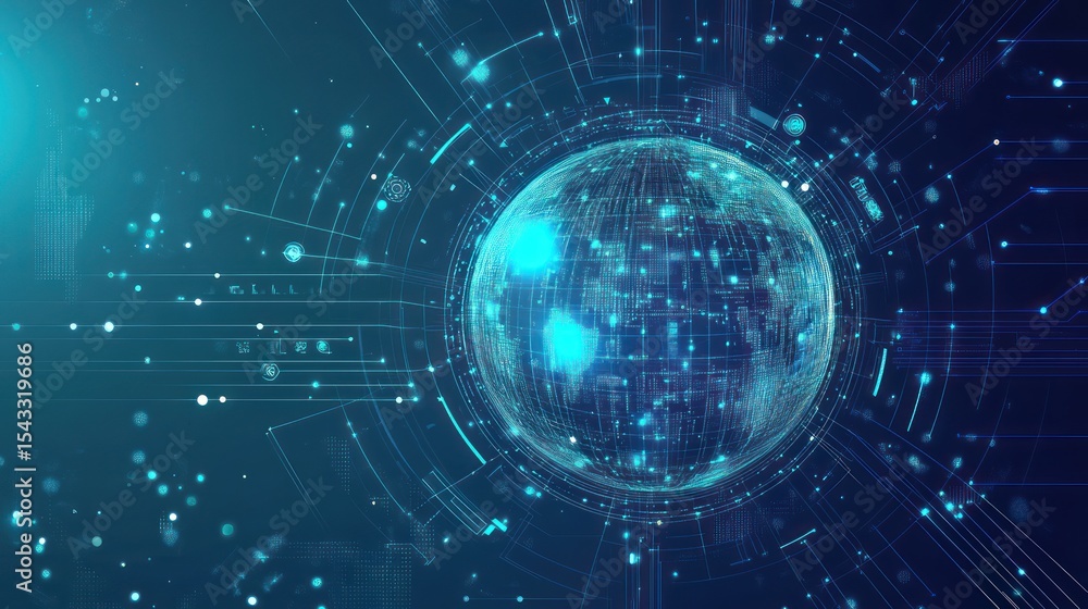 Poster a digital globe, overlaid with a network of glowing lines and data points, creating a futuristic, gl