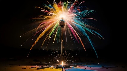 Vibrant explosion of rainbow fireworks against a stark black night sky