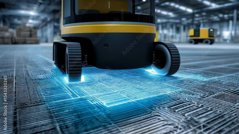 Poster automated guided vehicle - agv - transporting goods in modern warehouse, showcasing innovation in lo