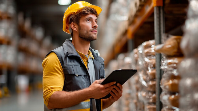 A warehouse clerk organizing shelves, scanning inventory with a barcode scanner, in a well-organized storage environment with neatly arranged boxes and shelving units. 