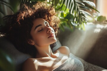 Young woman relaxing on the sofa at home, enjoying a peaceful moment to clear her mind and refresh mentally., Generative AI
