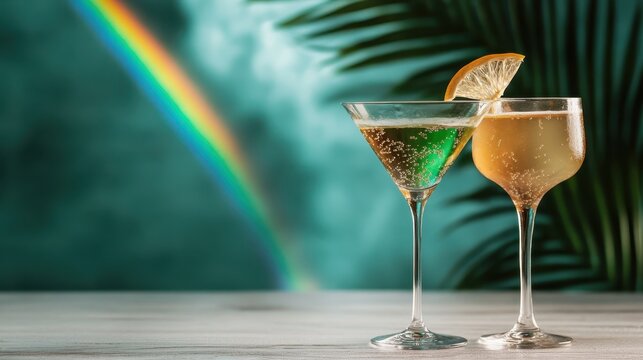 This vibrant image features two elegant cocktails, one green and one gold, set against a backdrop of a rainbow and lush greenery, evoking joy and celebration.