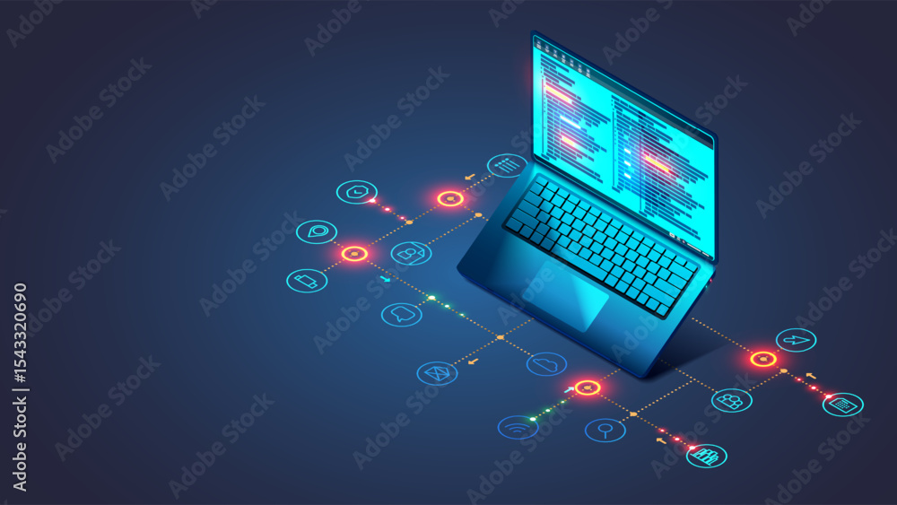 Leinwandbilder Software, web development, programming concept. Abstract Programming language and program code on screen laptop. Laptop and icons of programming process. Technology process of Software development.