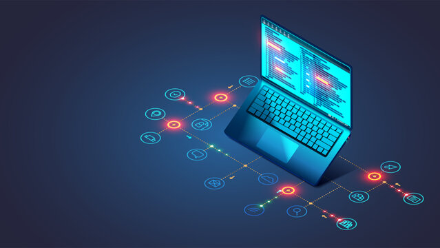 Software, web development, programming concept. Abstract Programming language and program code on screen laptop. Laptop and icons of programming process. Technology process of Software development.