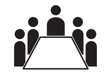 Meeting room icon. Illustration of a meeting with five people sitting around a square table in a conference room setting. 
