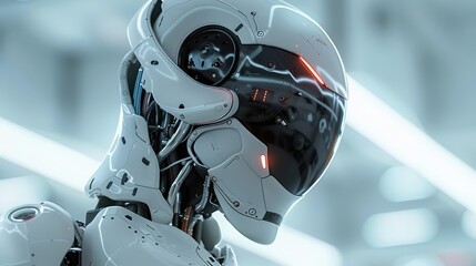 The bust of a high tech white cyborg with a glowing red eye sensor in a futuristic interior.