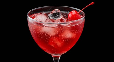 Red Cocktail with Cherry and Ice in a Glass