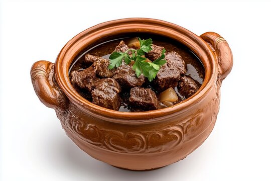 Delicious tangia beef stew slow-cooked in a traditional clay urn showcasing rich flavors against a clean white backdrop
