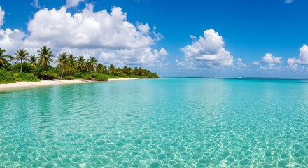 Fototapeta premium Tropical Beach Paradise: Turquoise Water, Palm Trees, and White Sand