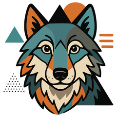 A stylized blue wolf head with geometric shapes in orange, yellow, and teal, set against a light background, ideal for modern designs, logos, or artistic prints.