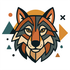 A stylized blue wolf head with geometric shapes in orange, yellow, and teal, set against a light background, ideal for modern designs, logos, or artistic prints.
