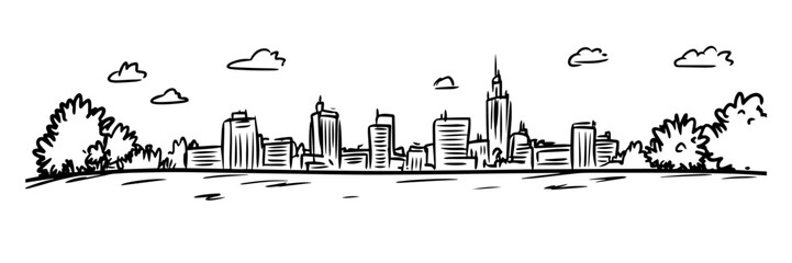 modern city skyline with skyscrapers line art