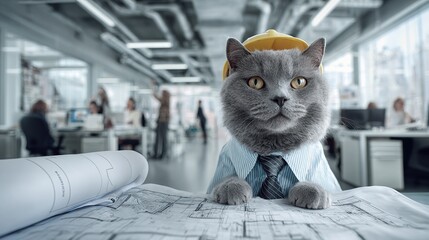 A feline architect with a hardhat reviews blueprints in a modern office environment with coworkers on transparent background