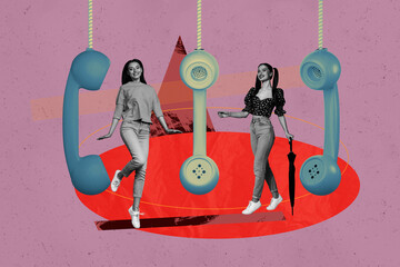 Full 3d poster art collage of happy employee girl guy stand telephone handset telemarketing call...