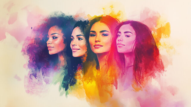 Watercolor Portrait Four Diverse Women Colorful Abstract Art