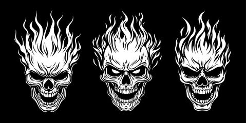 three flaming skulls illustration on black background © Mago